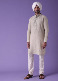 Grey Cotton Silk Kurta With Leather-work