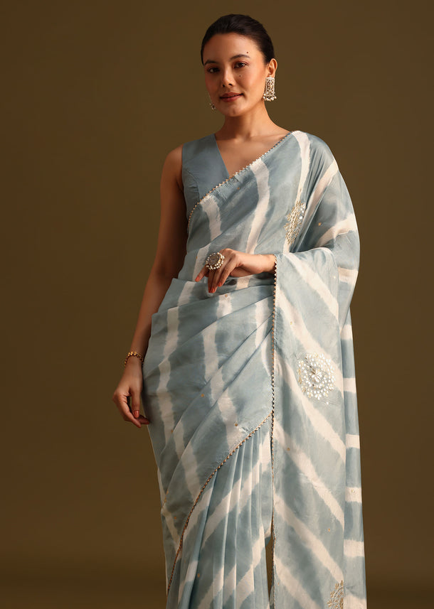 Grey Crepe Shibori Leheriya Saree With Gota Patti Border Work