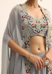 Grey Crop Top With Dhoti And Jacket