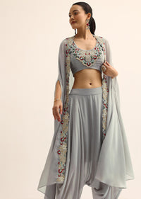 Grey Crop Top With Dhoti And Jacket