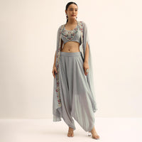 Grey Crop Top With Dhoti And Jacket