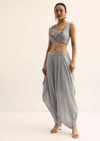 Grey Crop Top With Dhoti And Jacket