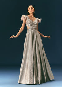 Grey Crushed Flared Gown With Hand Embroidery