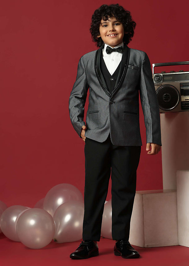 Grey Cutwork Embroidery Festive Tuxedo For Boys