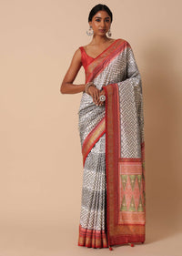 Grey Dola Silk Saree With Patola Print And Unstitched Blouse Piece