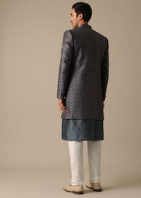 Grey Dupion Silk Sherwani Set With Mirror Work