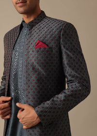 Grey Dupion Silk Sherwani Set With Mirror Work