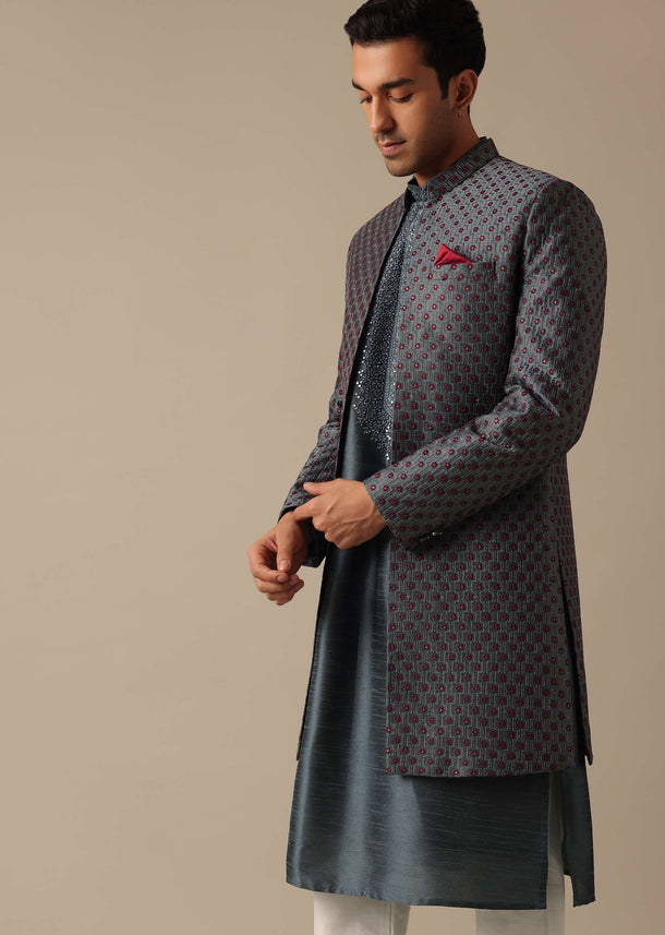 Grey Dupion Silk Sherwani Set With Mirror Work