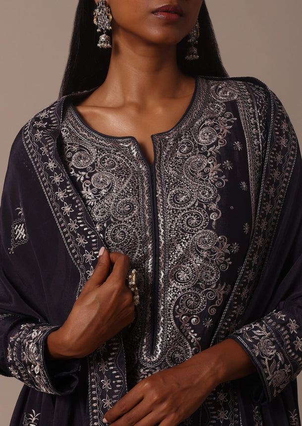 Grey Embellished Pant Set In Chinnon With Thread Embroidered Kurta
