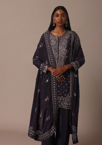 Grey Embellished Pant Set In Chinnon With Thread Embroidered Kurta