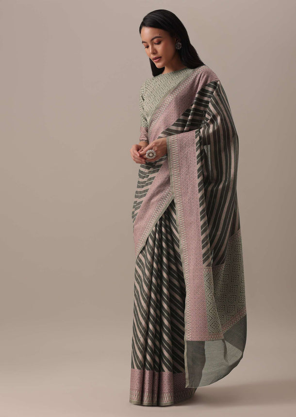 Silver Grey Embellished Saree In Kota Silk Chanderi