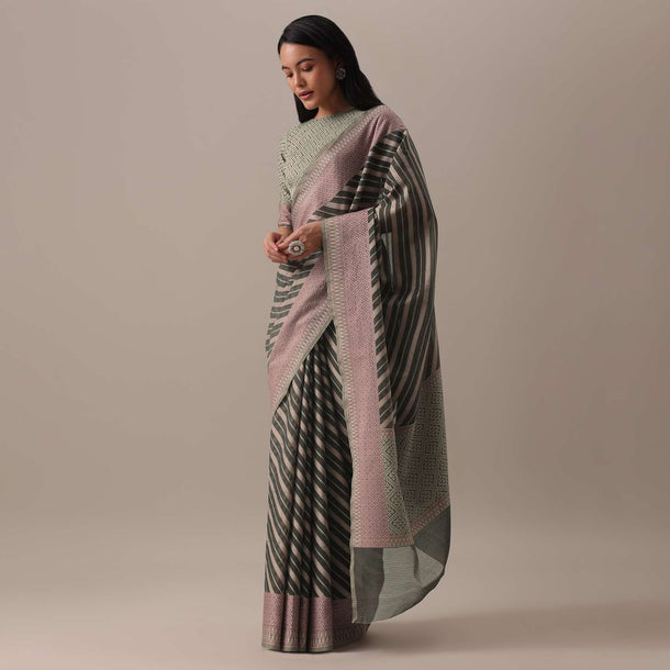 Silver Grey Embellished Saree In Kota Silk Chanderi