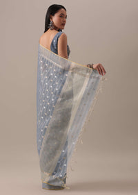 Grey Embellished Saree In Kota Silk Chanderi