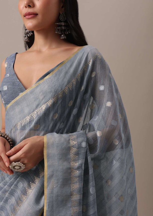 Grey Embellished Saree In Kota Silk Chanderi