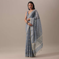 Grey Embellished Saree In Kota Silk Chanderi