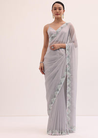 Grey Embroidered Chiffon Saree With Unstitched Blouse