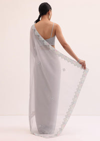 Grey Embroidered Chiffon Saree With Unstitched Blouse