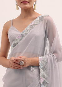 Grey Embroidered Chiffon Saree With Unstitched Blouse