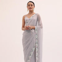 Grey Embroidered Chiffon Saree With Unstitched Blouse