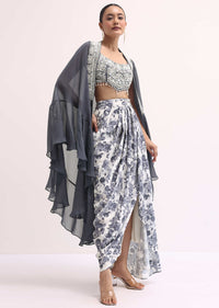 Grey Embroidered Crop Top And Skirt Set