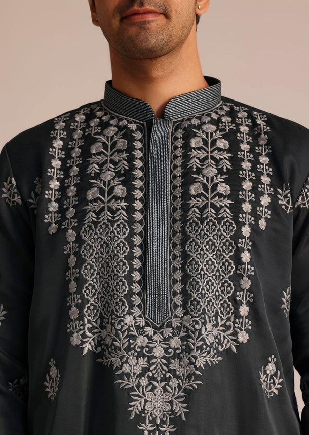 Grey Embroidered Full Sleeves Kurta Set