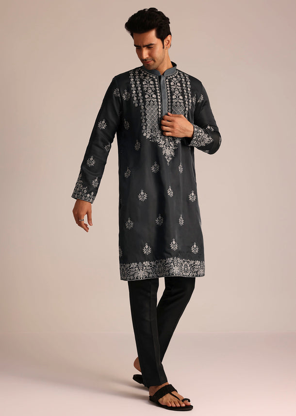 Grey Embroidered Full Sleeves Kurta Set