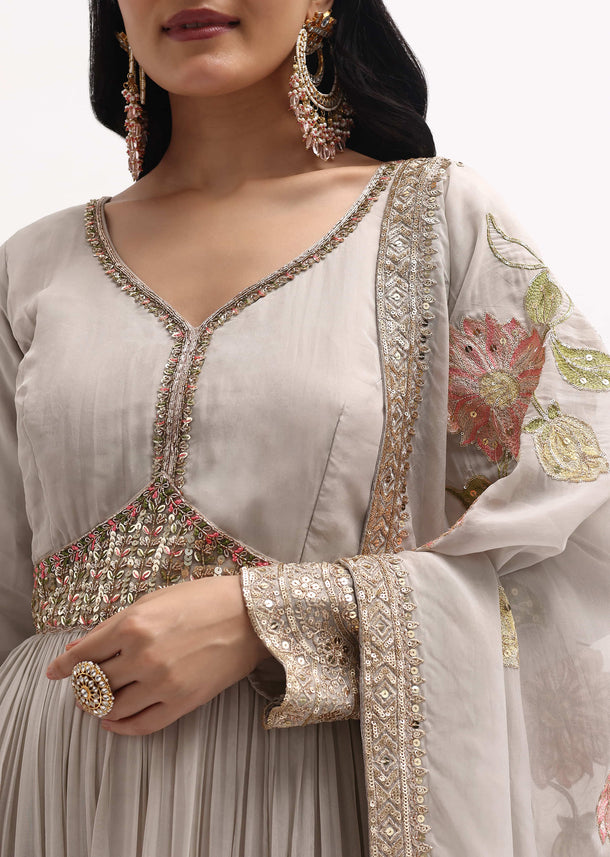 Grey Embroidered Georgette Anarkali Suit