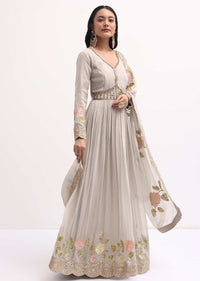 Grey Embroidered Georgette Anarkali Suit