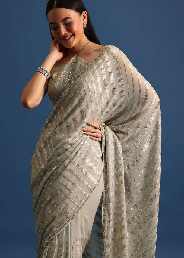 Grey Embroidered Georgette Saree With Unstitched Blouse