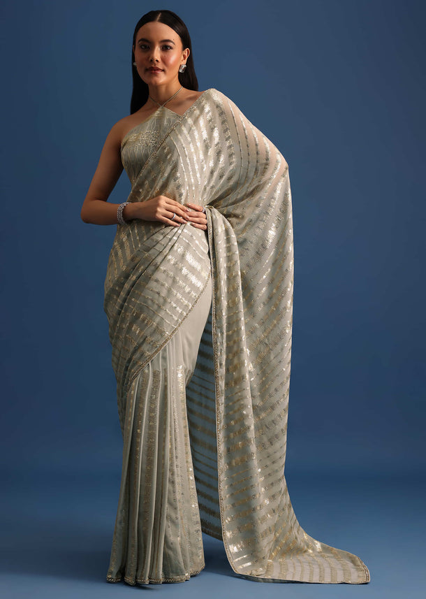 Grey Embroidered Georgette Saree With Unstitched Blouse