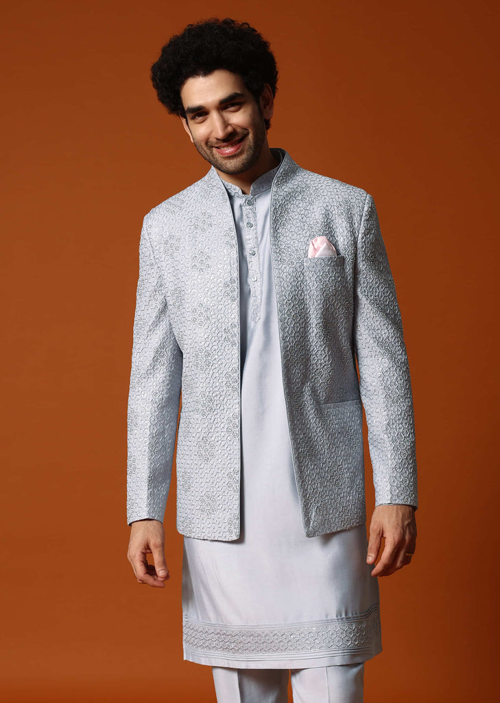 Grey Embroidered Jodhpuri Set For Men