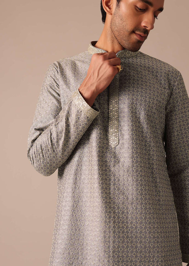 Grey Embroidered Kurta Set In Silk