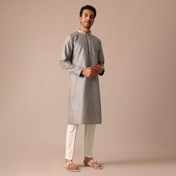 Grey Embroidered Kurta Set In Silk