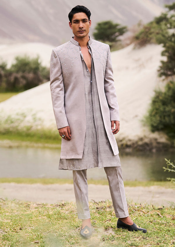 Grey Embroidered Linen Nawabi Suit