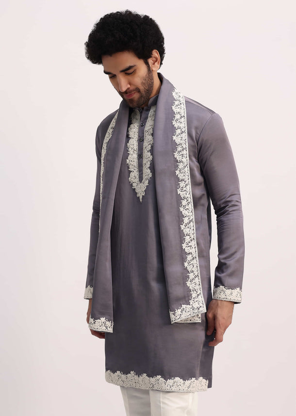 Grey Embroidered Men Kurta Set With Dupatta