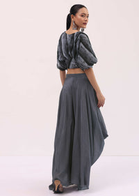 Grey Embroidered Satin Crop Top And Palazzo