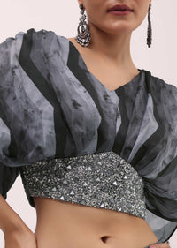 Grey Embroidered Satin Crop Top And Palazzo