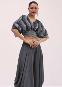 Grey Embroidered Satin Crop Top And Palazzo