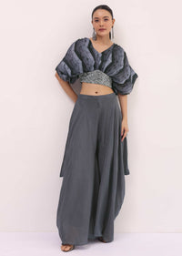 Grey Embroidered Satin Crop Top And Palazzo