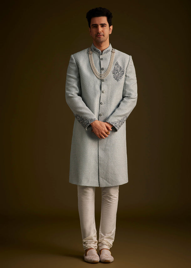 Grey Embroidered Sherwani Set