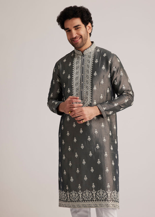 Grey Embroidered Silk Kurta Set