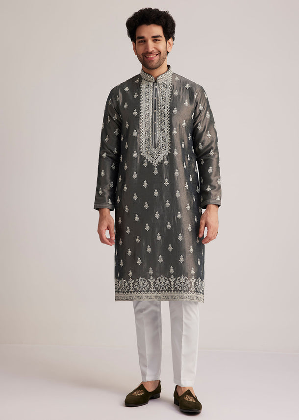 Grey Embroidered Silk Kurta Set