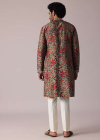 Grey Festive Floral Printed Silk Kurta Set For Men