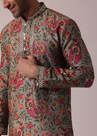 Grey Festive Floral Printed Silk Kurta Set For Men