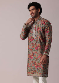 Grey Festive Floral Printed Silk Kurta Set For Men