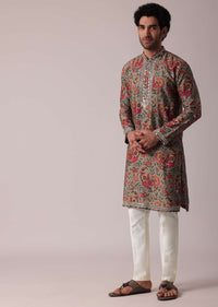 Grey Festive Floral Printed Silk Kurta Set For Men