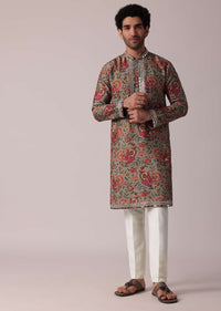 Grey Festive Floral Printed Silk Kurta Set For Men