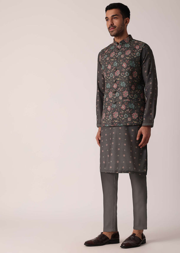 Grey Floral Print Festive Jacket Kurta Set For Men