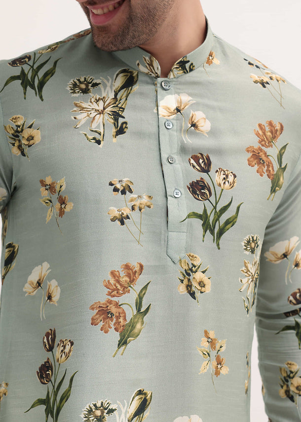 Grey Floral Printed Silk Short Kurta Set For Men
