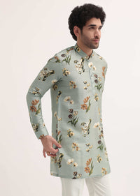 Grey Floral Printed Silk Short Kurta Set For Men